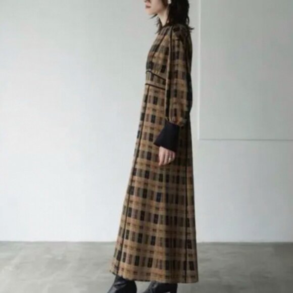 NWT Clane Checked Piping Long Sleeve Maxi Dress - Picture 3 of 16